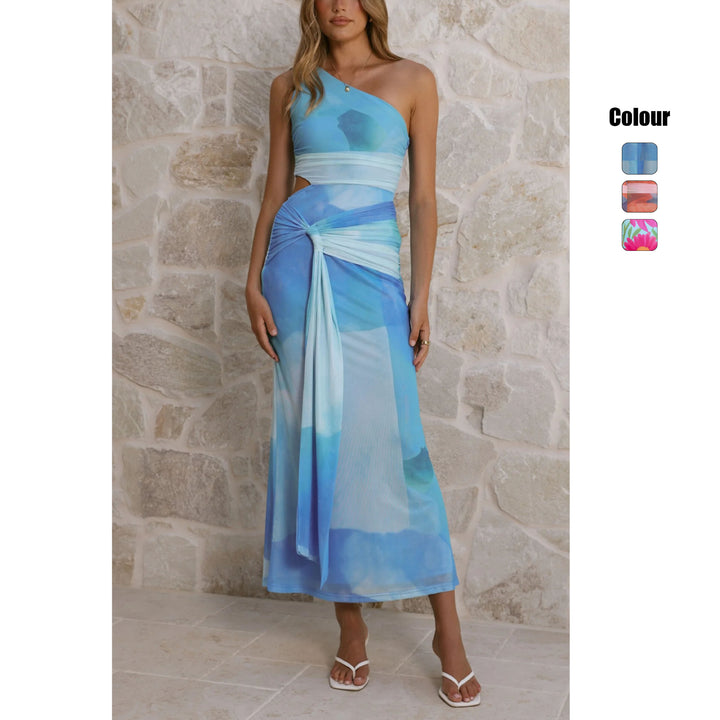 Women’s wrap maxi dress with asymmetric strap and floral accents Lune London