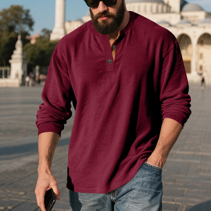 Men's long-sleeve shirt with textured ribbed look and fashionable button placket detail Lisslune