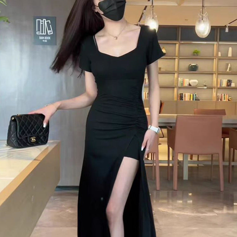 Women's form-fitting long dress with stylish gathering effect and high slit
