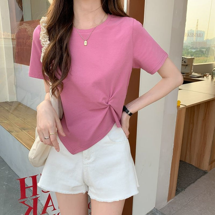 Ladies Cropped T-Shirt with decorative knot design and modern cut
