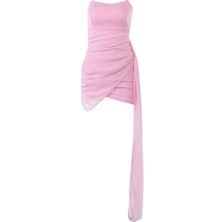 Women's mini wrap dress with strapless silhouette and sophisticated draping details