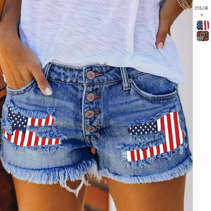 Women's denim shorts with vintage fringes and patriotic appliqués Lisslune