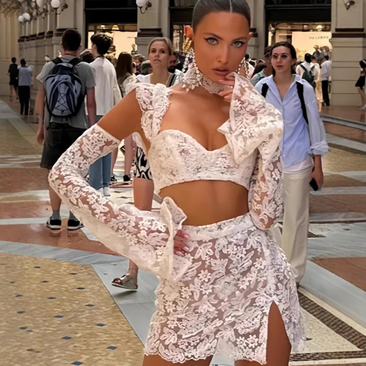 Ladies Lace Crop Top and Skirt Set with Transparent Details Lisslune