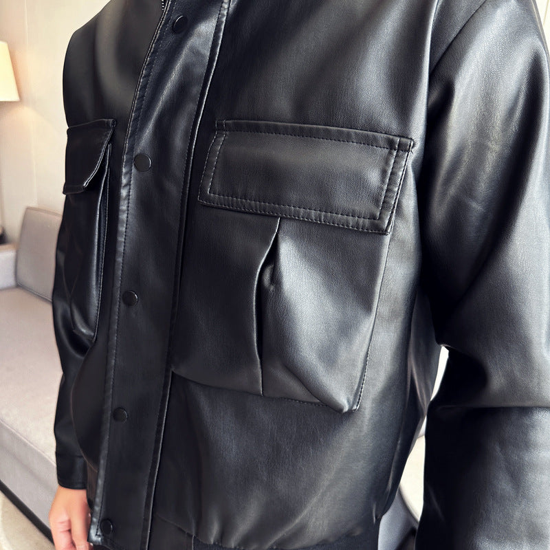 Men's elegant synthetic leather jacket with practical pockets Lisslune