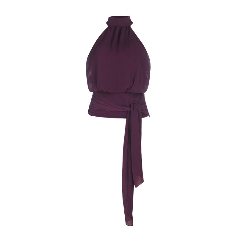 Women's halter neck top with elegant draping and tie band