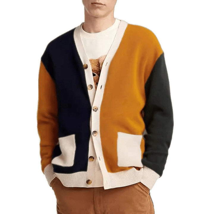 Men's knit cardigan with modern color block details and practical pockets Lisslune