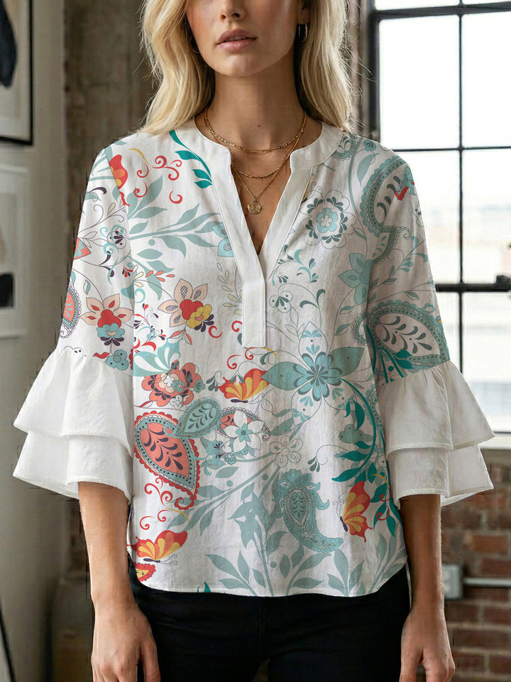 Ladies elegant top with voluminous ruffle hems and floral design Lisslune