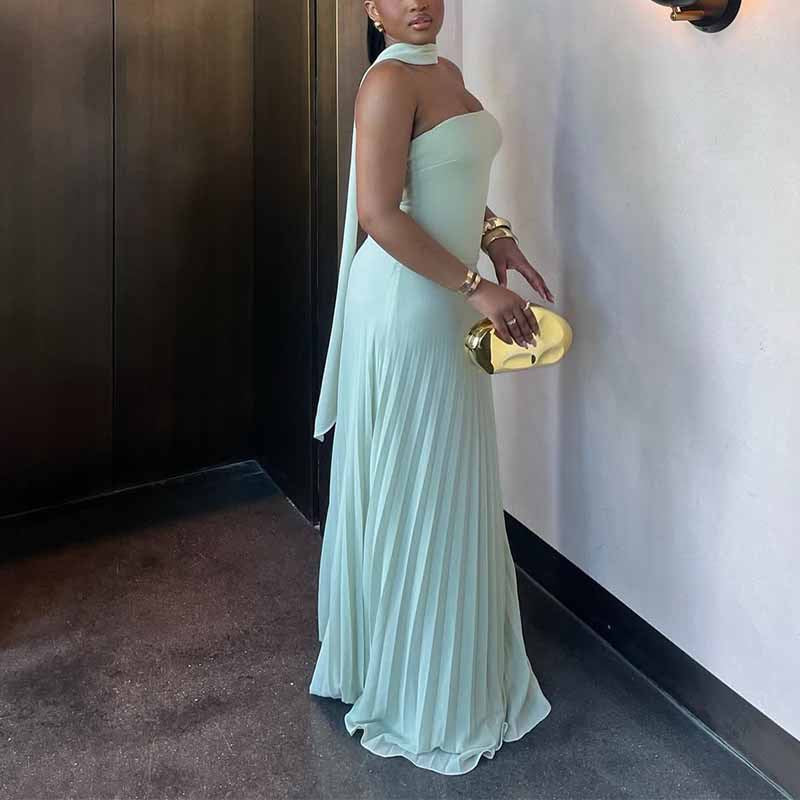 Women Pleated Maxi Dress with Elegant Shoulder Strap and Figure-Flattering Cut