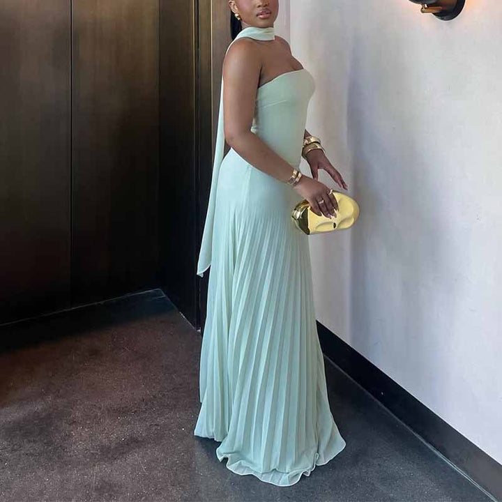 Women Pleated Maxi Dress with Elegant Shoulder Strap and Figure-Flattering Cut