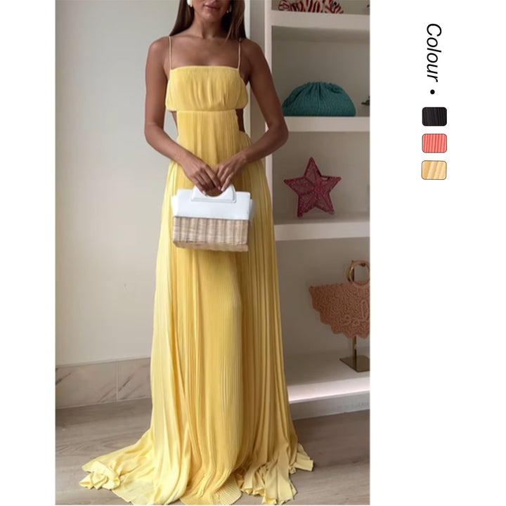Women's maxi dress with elegant pleated details and thin spaghetti straps