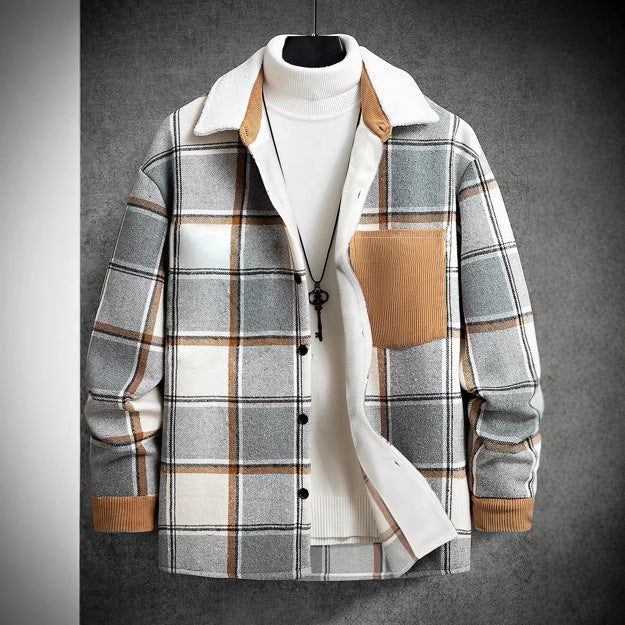 Men's Casual Flannel Jacket with Checkered Pattern and Patch Pocket Lisslune