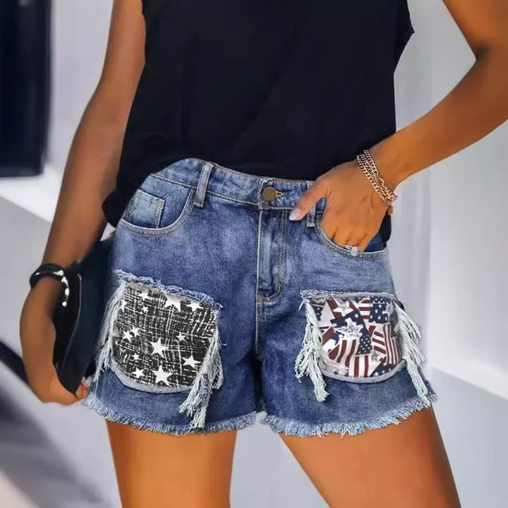 Women's destroyed denim shorts with frayed pockets and stylish patches Lisslune
