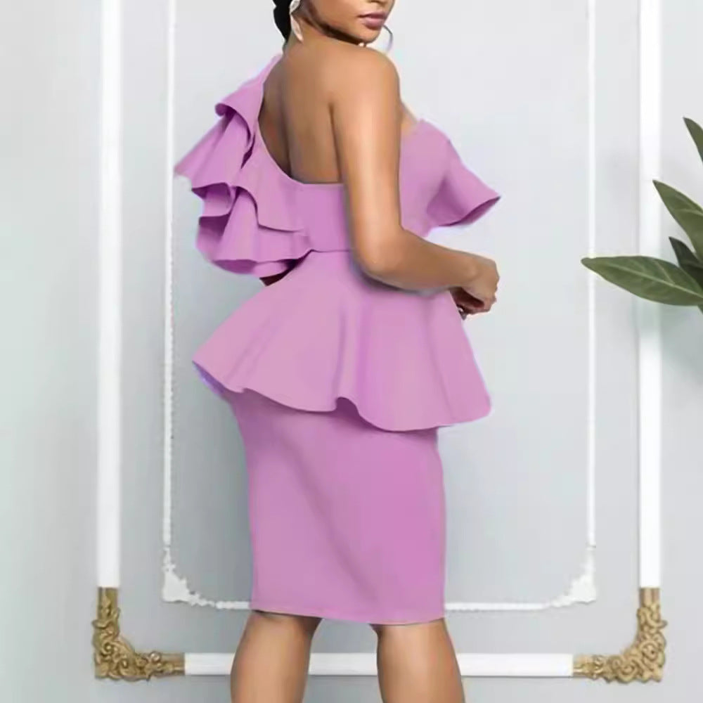 Women's Fitted Peplum Dress with Asymmetrical Neckline and Ruffle Details Lisslune