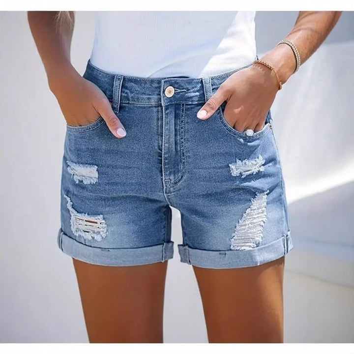 Women's short destroyed denim shorts in a casual look with rolled hems and stylish tear details Lisslune