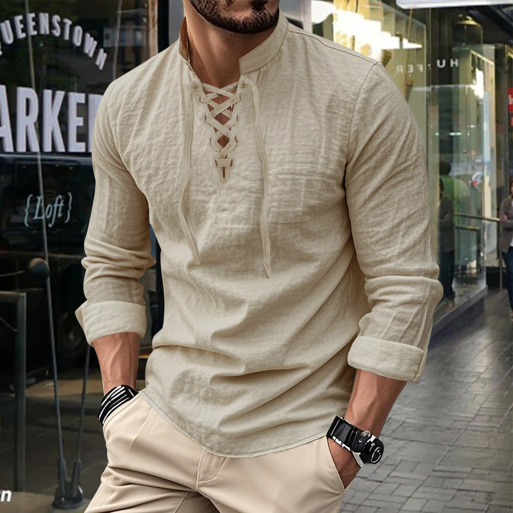 Men's long-sleeved shirt with trendy lacing and stand-up collar Lisslune