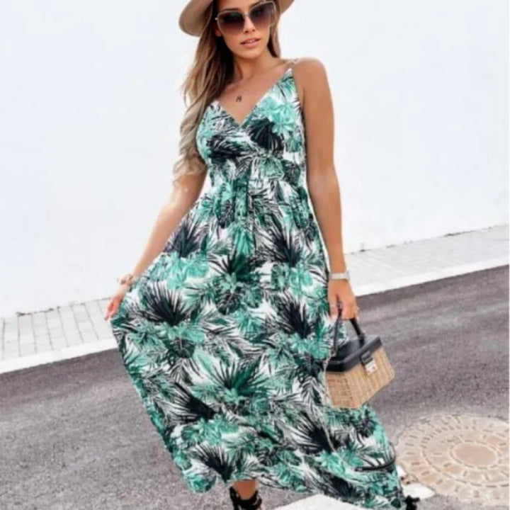 Women's maxi dress with floral wrap design and adjustable waistband