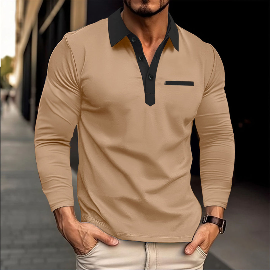 Men's Long Sleeve Polo Shirt with Modern Collar and Pockets Lisslune