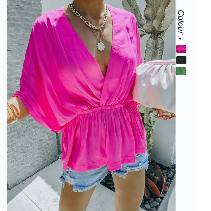 Women’s Lightweight Blouse Top with Deep V-Neck and Elastic Waistband Lune London