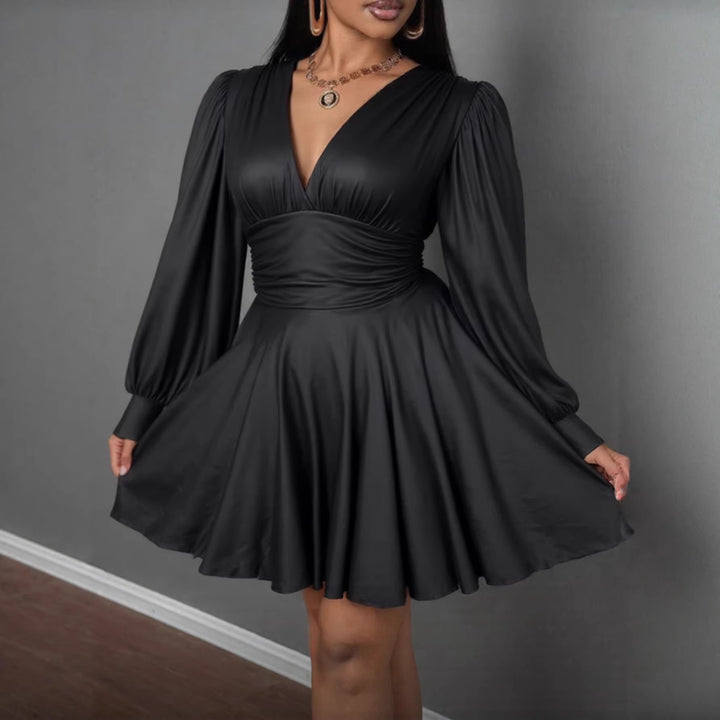 Damen elegantes Minikleid mit tiefem V-Ausschnitt und voluminösen Puffärmeln Lisslune