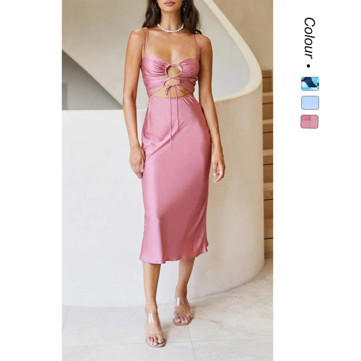 Women's midi dress with exciting keyhole neckline and flowing satin material