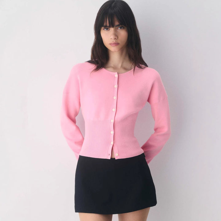 Women's Cropped Cardigan with Button Placket and Ribbed Knit Lisslune