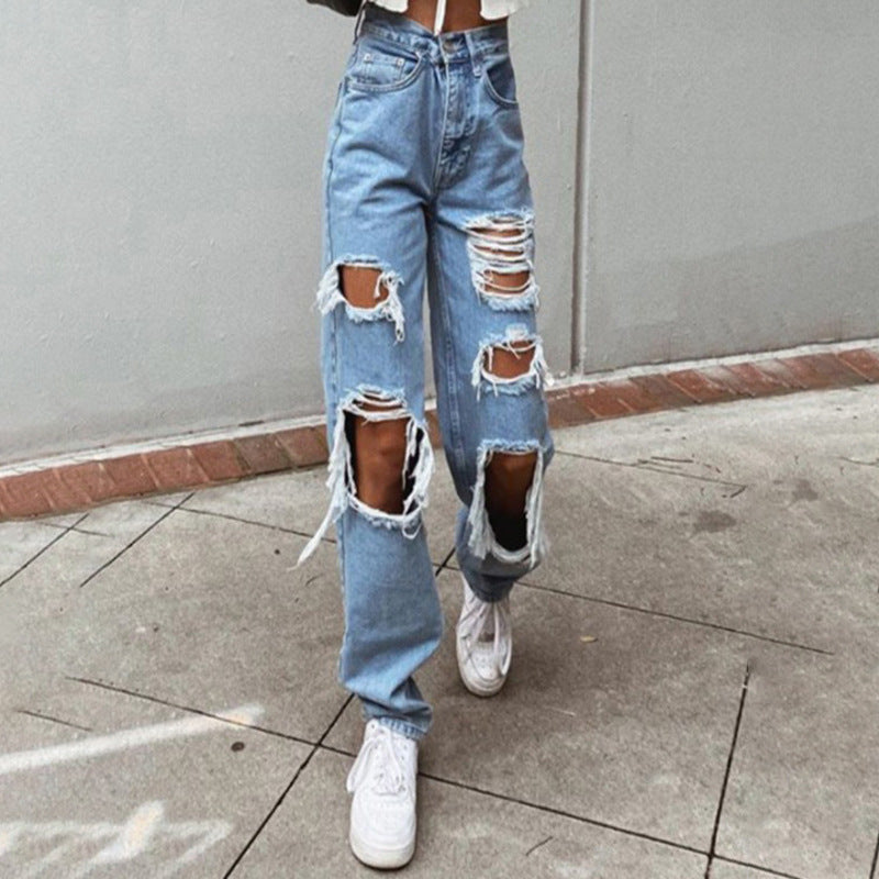 Ladies Casual Destroyed Jeans with Wide Leg Lisslune