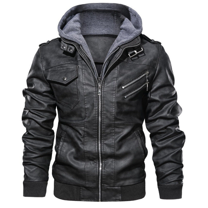 Men's leather jacket in modern biker style with removable hood Lisslune