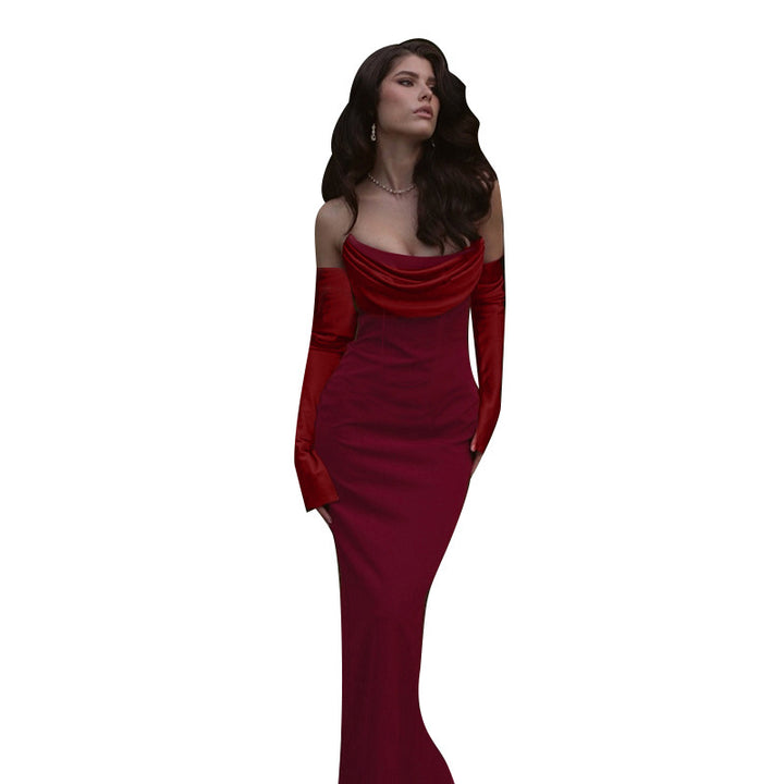 Ladies Long Sleeve Evening Dress with Elegant Waterfall Neckline and Figure-Hugging Cut