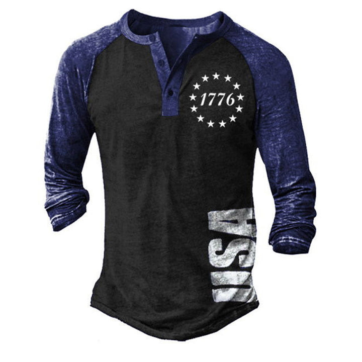 Men's Long Sleeve Henley T-Shirt with Creative Print and Stylish Button Closure Lisslune