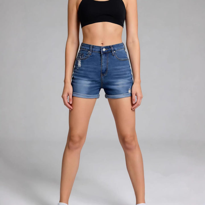 Women's High-Waist Denim Shorts with a casual cut and modern destroyed details Lisslune