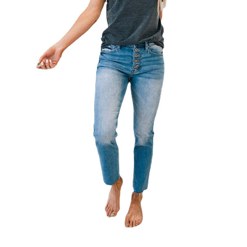Women's High-Waisted Jeans in Used Look with Button Placket and Frayed Hems Lisslune