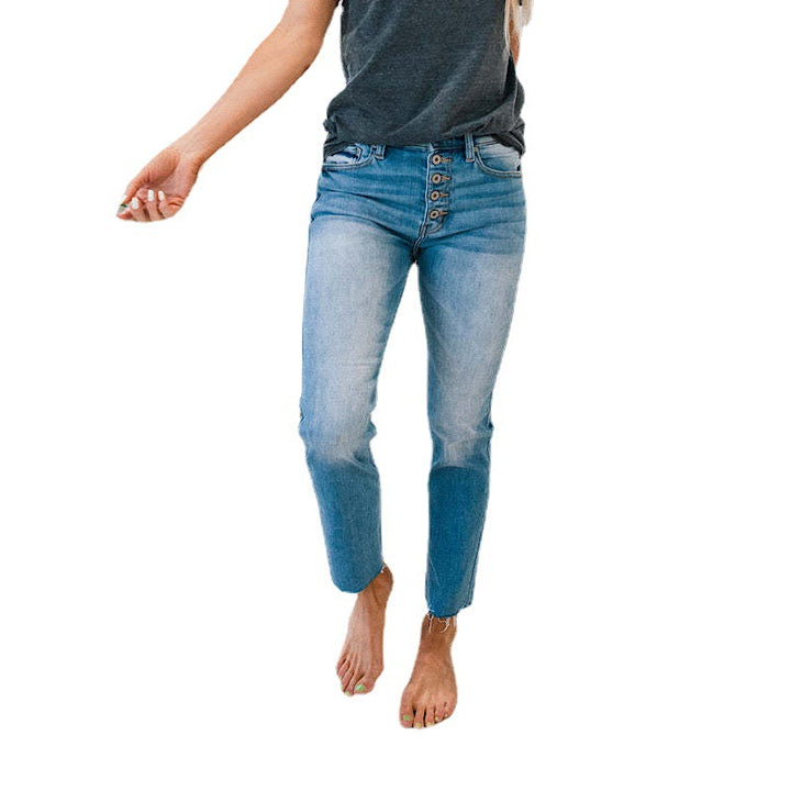 Women's High-Waisted Jeans in Used Look with Button Placket and Frayed Hems Lisslune