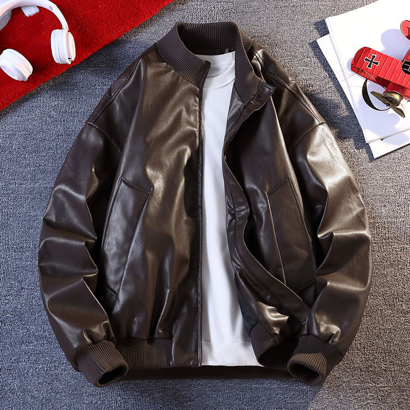 Men's Synthetic Leather Bomber Jacket with Elastic Ribbed Cuffs and Practical Pockets Lisslune