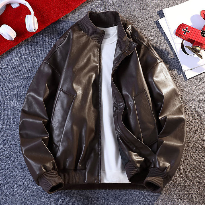 Men's Synthetic Leather Bomber Jacket with Elastic Ribbed Cuffs and Practical Pockets Lisslune