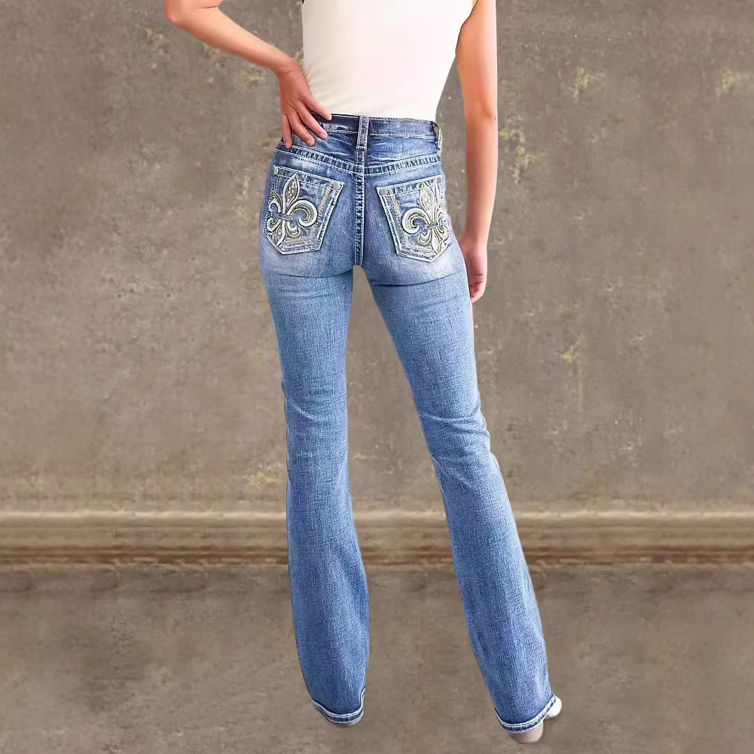 Women's Flared Jeans in Vintage Style with High-Grade Detail and Refined Embroidery Lisslune