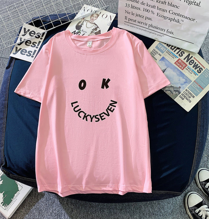 Women's fashionable t-shirt with casual smiley print and high-quality cotton quality Lisslune
