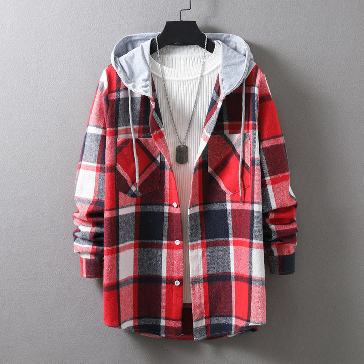 Men's casual flannel shirt jacket with hood and graphic check pattern Lisslune