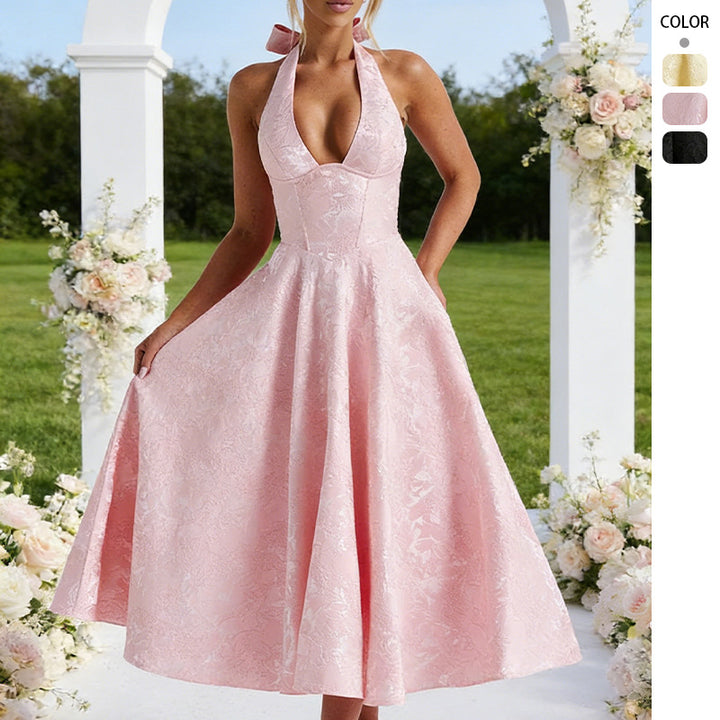 Women's Elegant Halter Neck Midi Dress with Detailed Lace Processing Lisslune