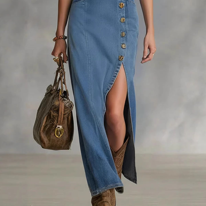 Women's Long Denim Dress with High Slit and Button Details Lisslune