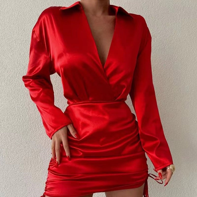 Ladies Elegant Wrap Dress with Long Sleeve and Adjustable Hem