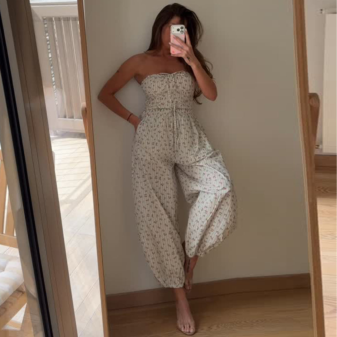 Ladies jumpsuit with playful flower pattern and elastic waist drawstring Lisslune