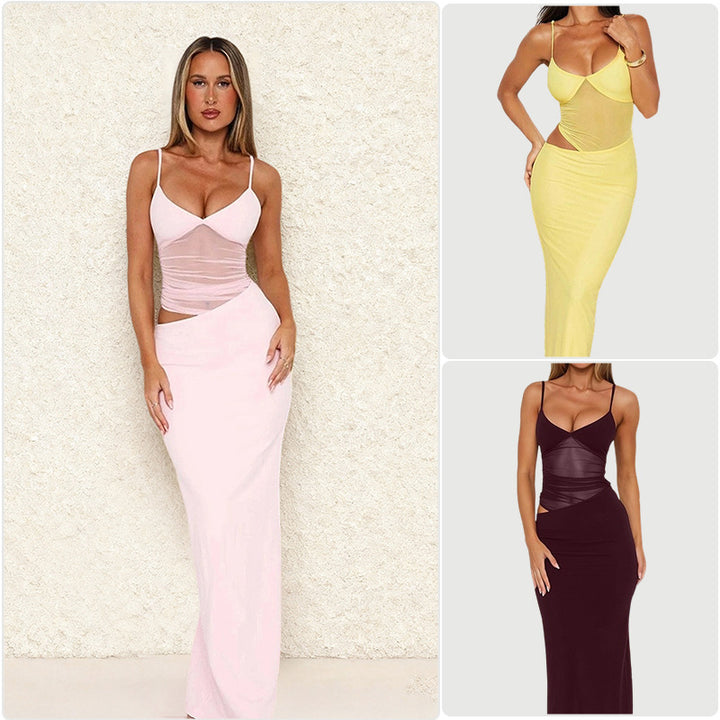 Women's Elegant Maxi Dress with Transparent Top and Figure-Hugging Cut