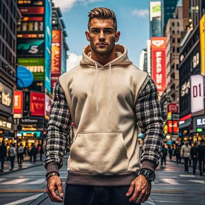 Men's hoodie with stylish checkered pattern on the sleeves and practical kangaroo pocket Lisslune