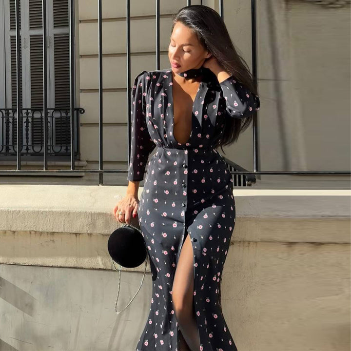 Women's jumpsuit with deep V-neckline and stylish slit Lisslune