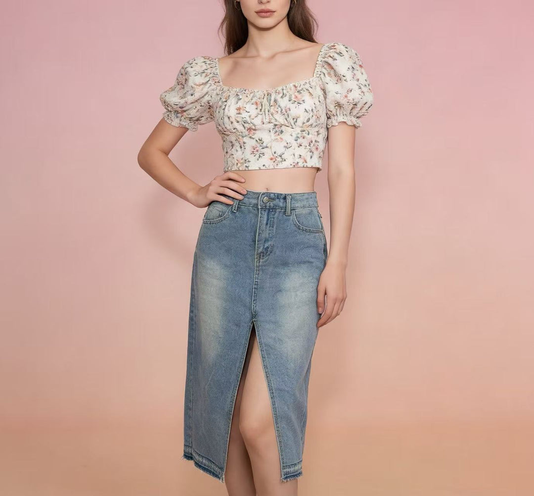 Women's Midi Denim Skirt with High Slit and Frayed Hem Lisslune
