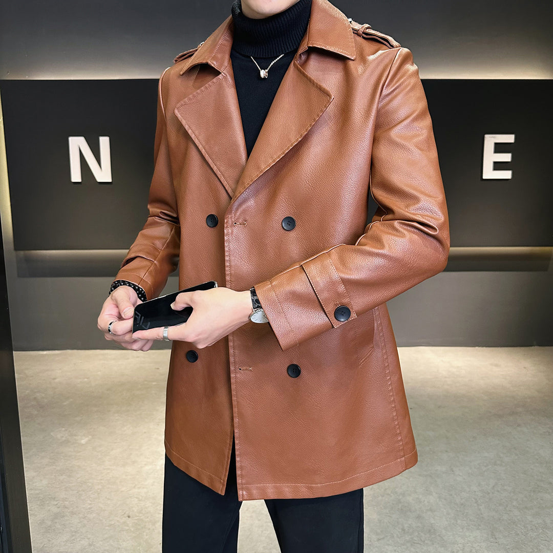 Men's Fashionable Synthetic Leather Trench Coat with Double Button Placket Lisslune