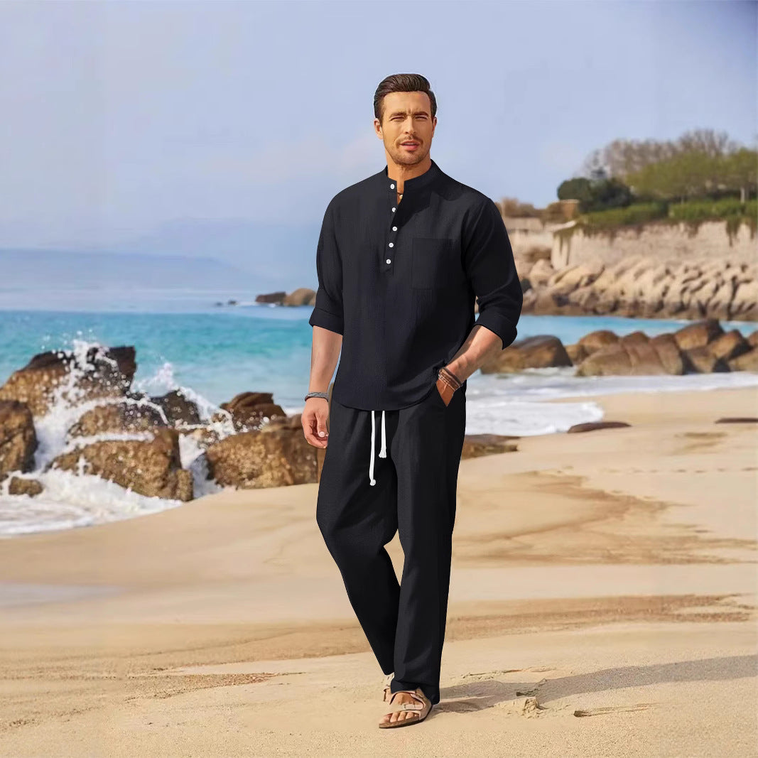 Men's relaxed beach suit with modern stand-up collar and practical pockets Lisslune