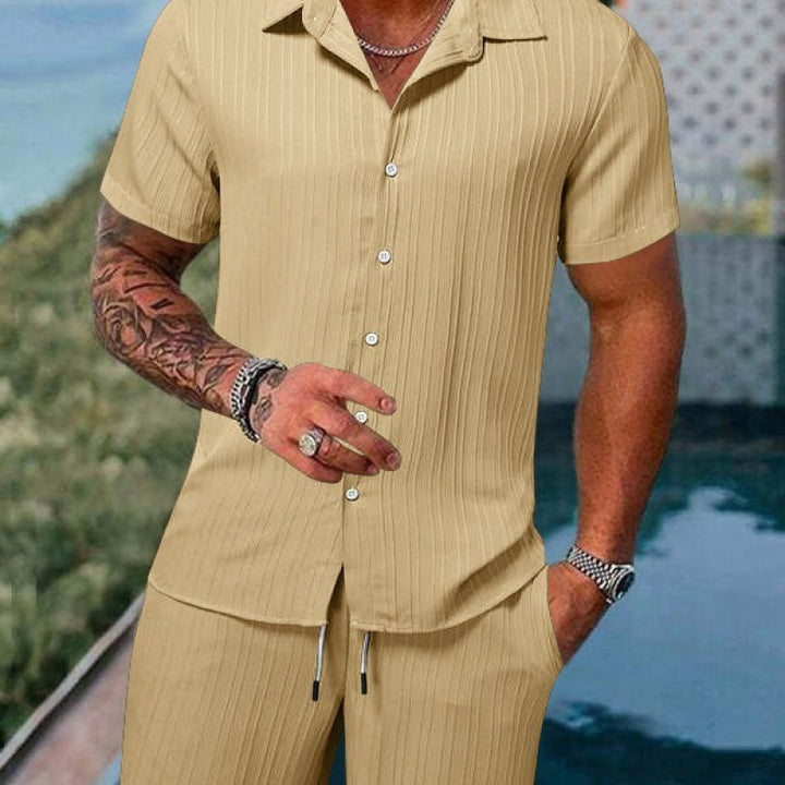 Men's short-sleeve leisure suit with textured design and elastic waistband Lisslune