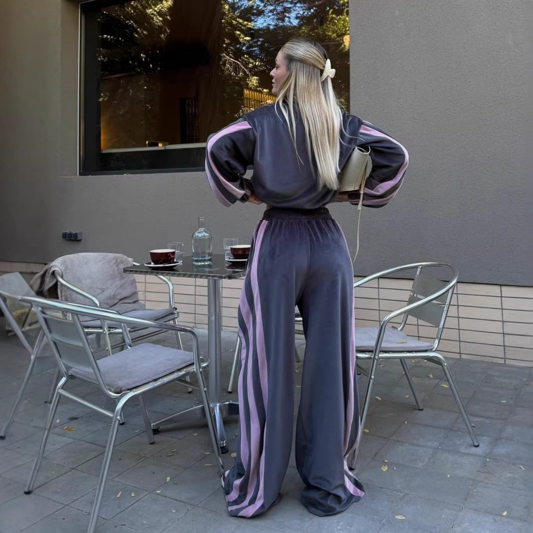 Women's sporty velour tracksuit with contrasting color stripes Lisslune