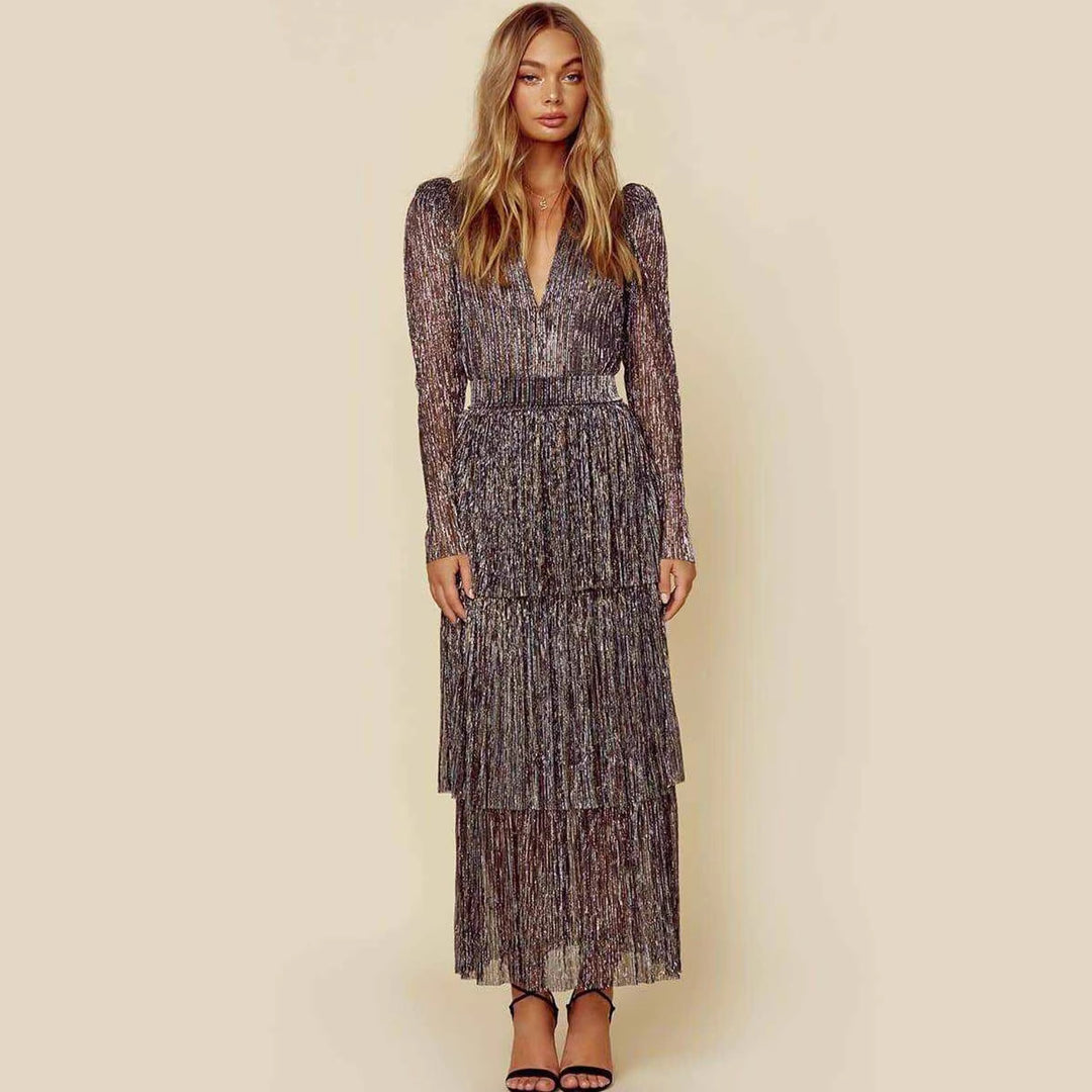 Women's Glamorous Evening Dress with Shimmering Layers and V-Neck